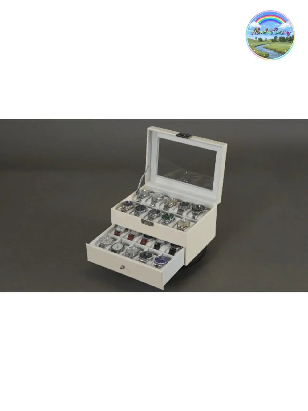 20-Slot Watch Box with Glass Lid, Synthetic Leather, Velvet Lining, Watch